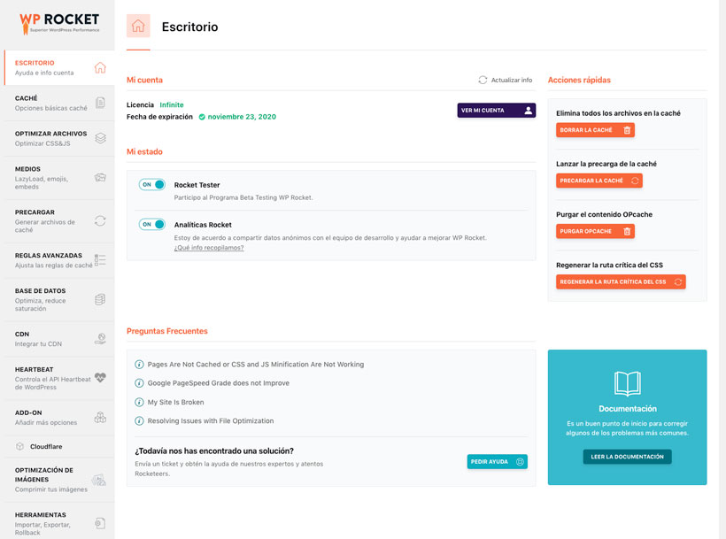 WP Rocket Panel de Control